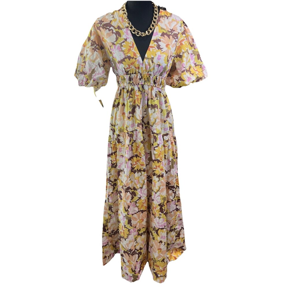 MINKPINK Women's Multi Floral Pleated V Neck Short Sleeve Long Maxi Dress Medium